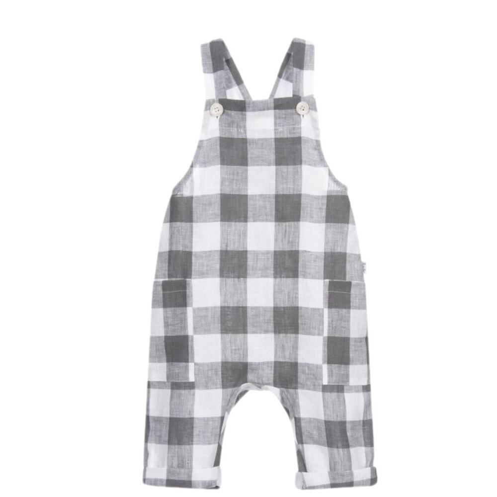 Il Gufo Gray & White Gingham Plaid Linen Overalls Size 6 Months